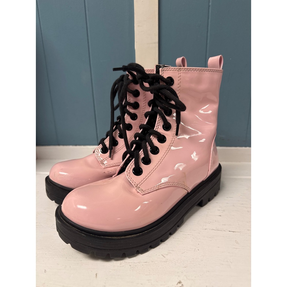Pink Patent Leather Ankle Boots Black Lace Up‎ Platform Lug Sole Grunge